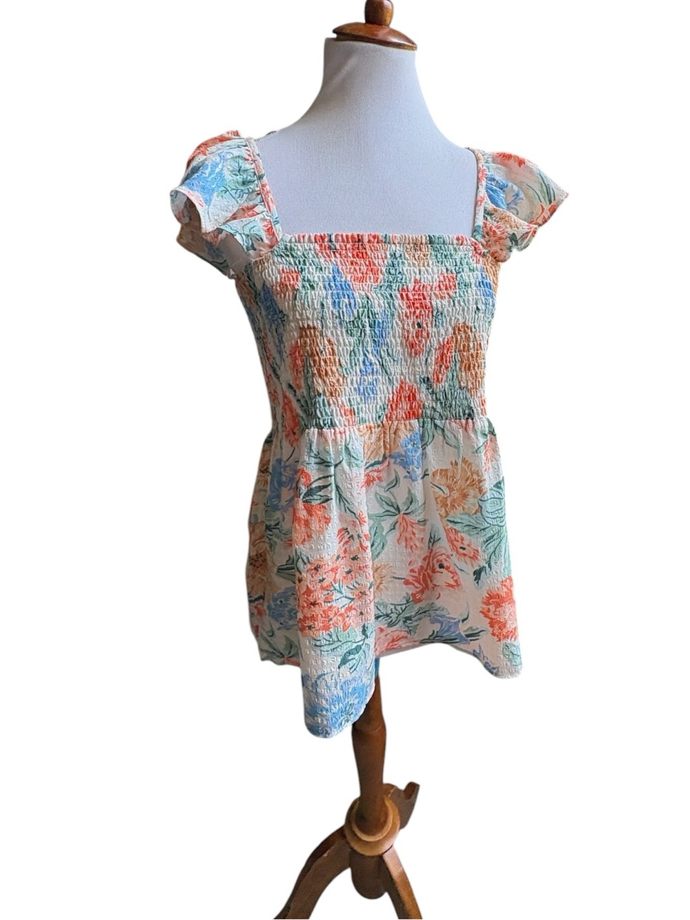 LOFT Floral Smocked Square-Neck Top - Coral & Aqua